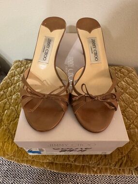 Jimmy Choo Tan Leather Bow-Strap Heels